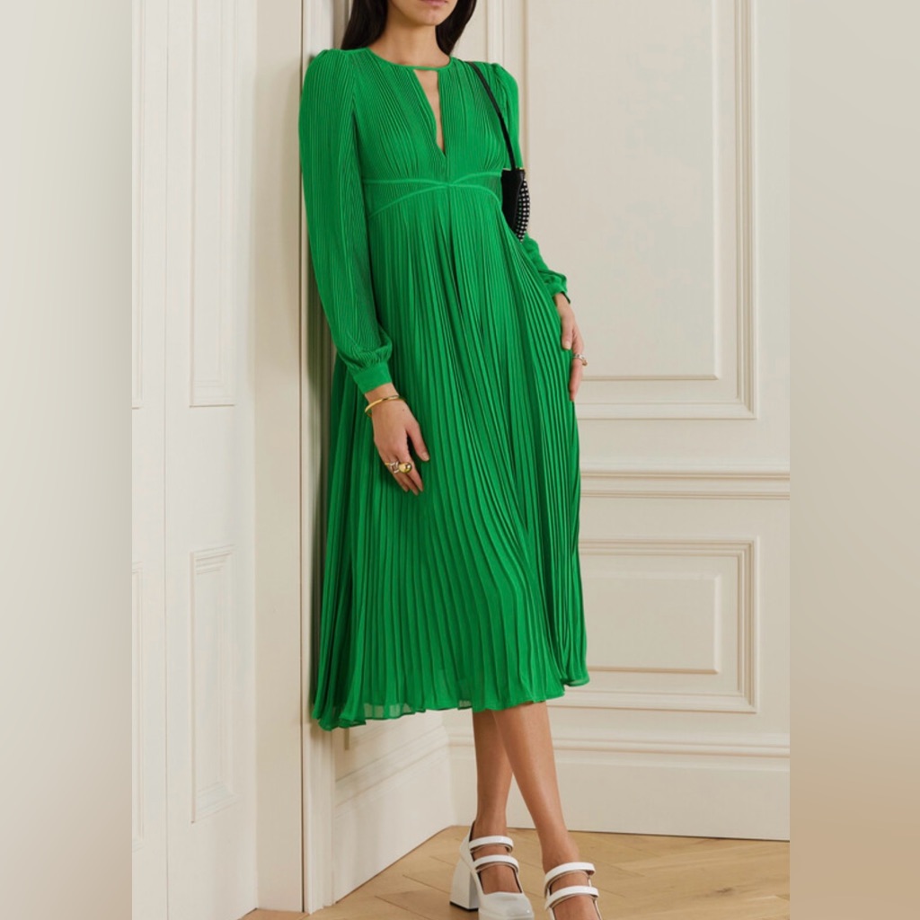 Michael Michael Kors Midi Green Pleated Dress With V Neck And Blouson Sleeves